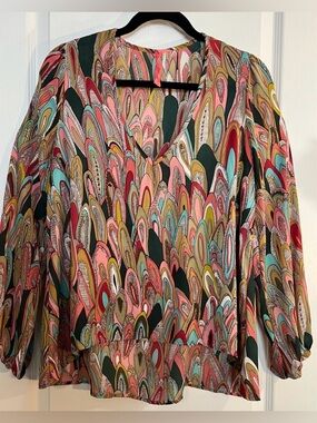 Eight Sixty Multicolor Printed V-Neck Blouse in Pink, Green, Teal and Mustard